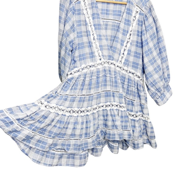 Free People Women's Time Out Lace Plaid Gingham 3/4 Sleeve Ruffle Tunic Blouse - Picture 7 of 16